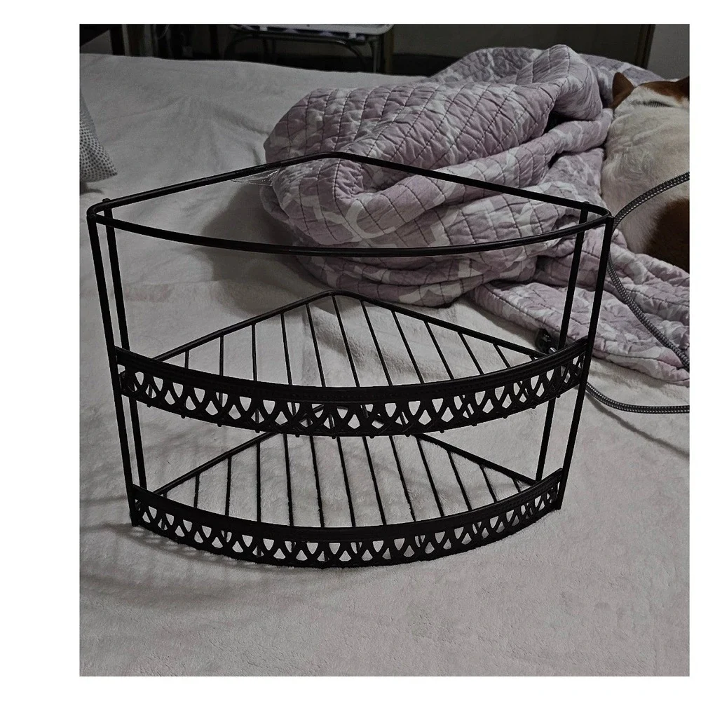 Black Metal Corner Shelf 2 Tier Storage Rack Bathroom Kitchen Organizer